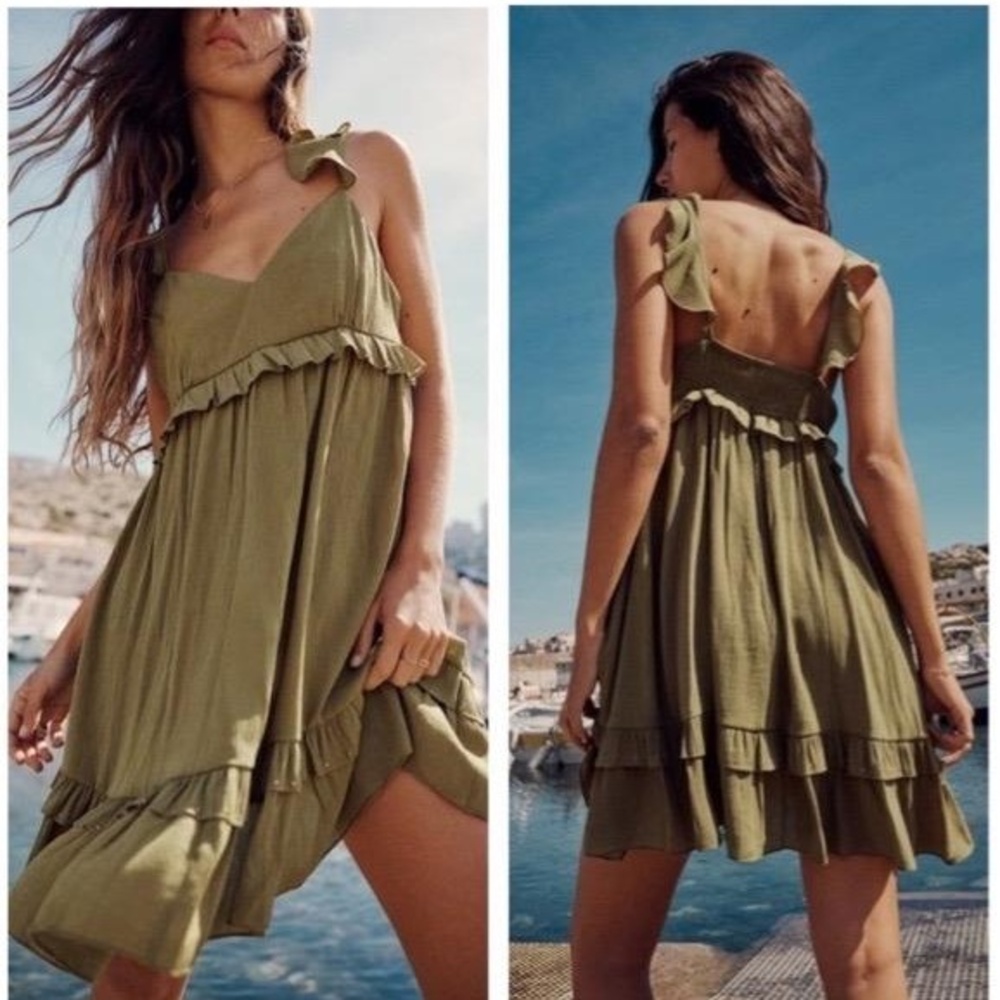 Zara Boho Grunge Ruffle Olive Green V‎ Neck Tiered Mini Dress Size XL